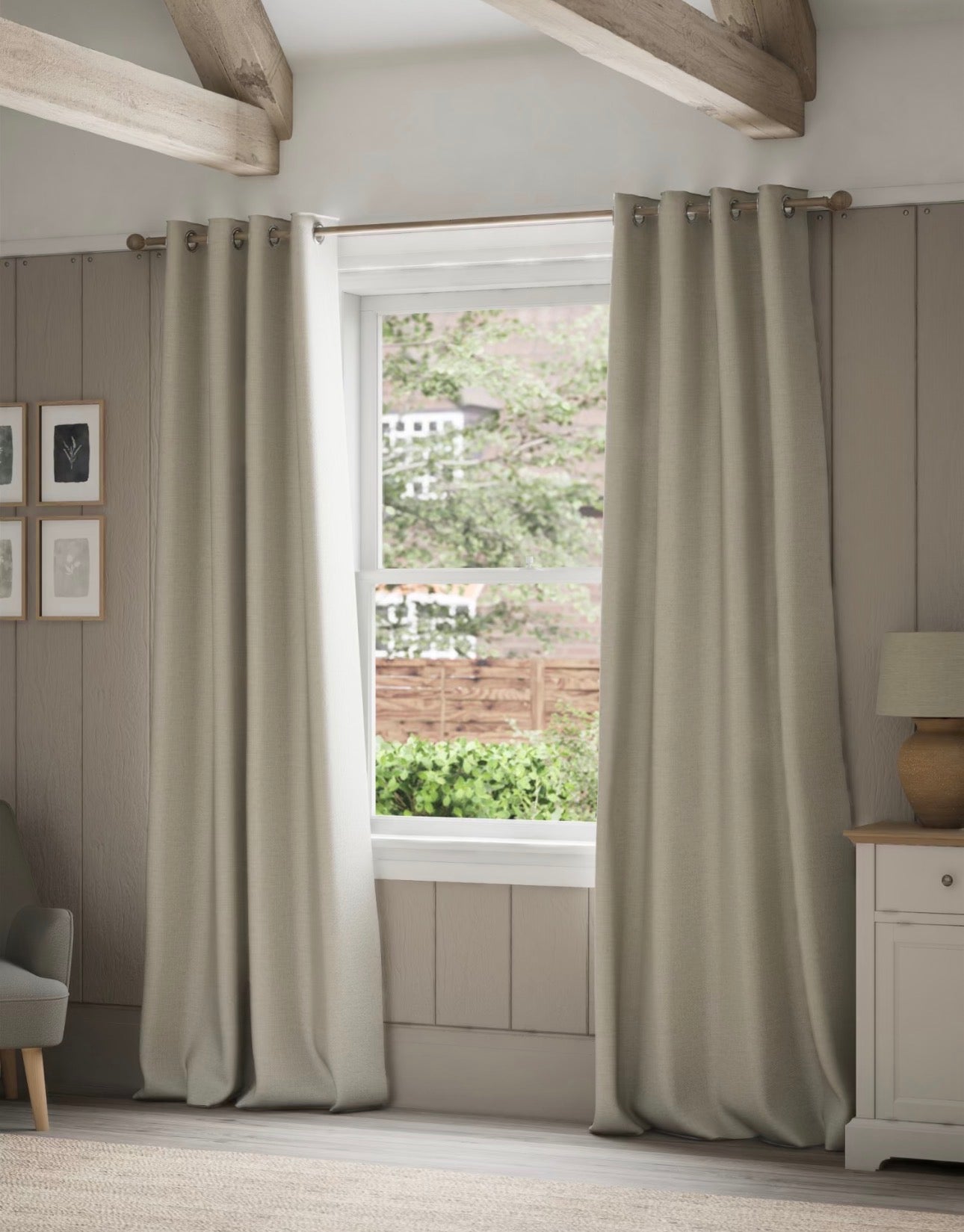 Marks and Spencer neutral beige Smart Temperature Blackout Brushed Eyelet curtains  66 x 99 inch