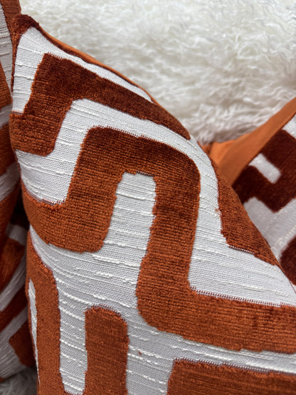 Burnt orange maze velvet cushion feather filled 60 x 60cm