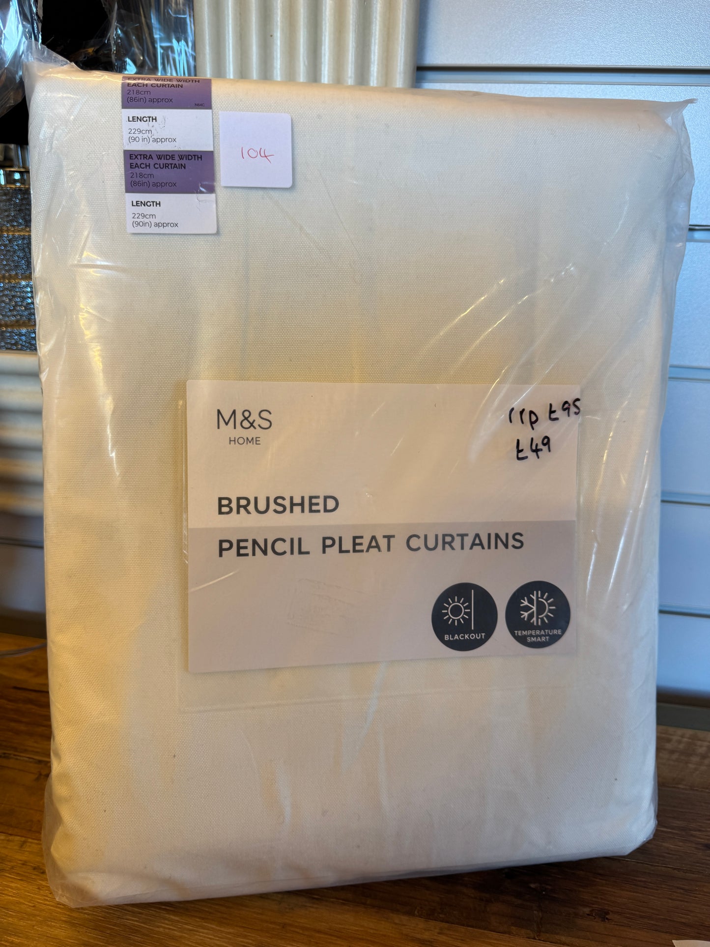 M & S Cream Smart Temperature Blackout Brushed Pencil Pleat Curtains 86 x 90  inch