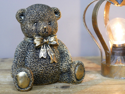 Gold Teddy Bear Statue Home Decor with Bow Detail for Elegant Room Accent
