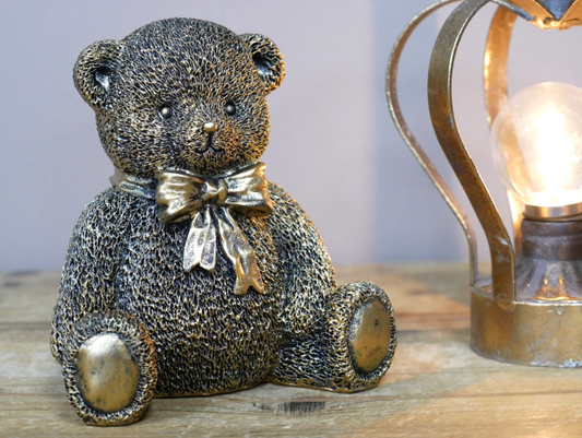 Gold Teddy Bear Statue Home Decor with Bow Detail for Elegant Room Accent