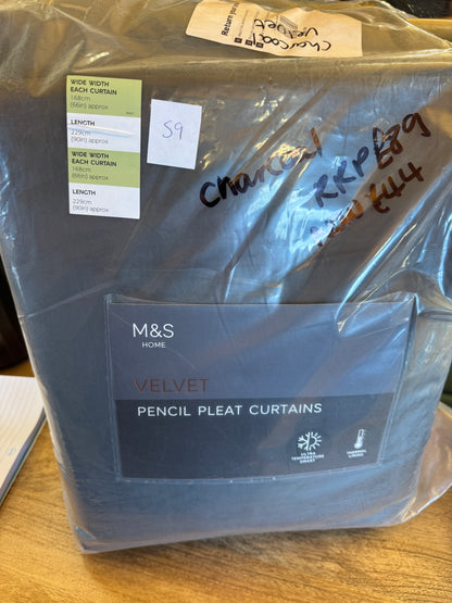 Marks and Spencer Charcoal velvet ultra Smart Temperature Blackout Brushed Pencil Pleat Curtains 66 x 90 inch