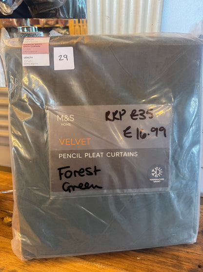 M & S Forest Green Velvet Thermal Pencil Pleat curtains 46 x 54inch