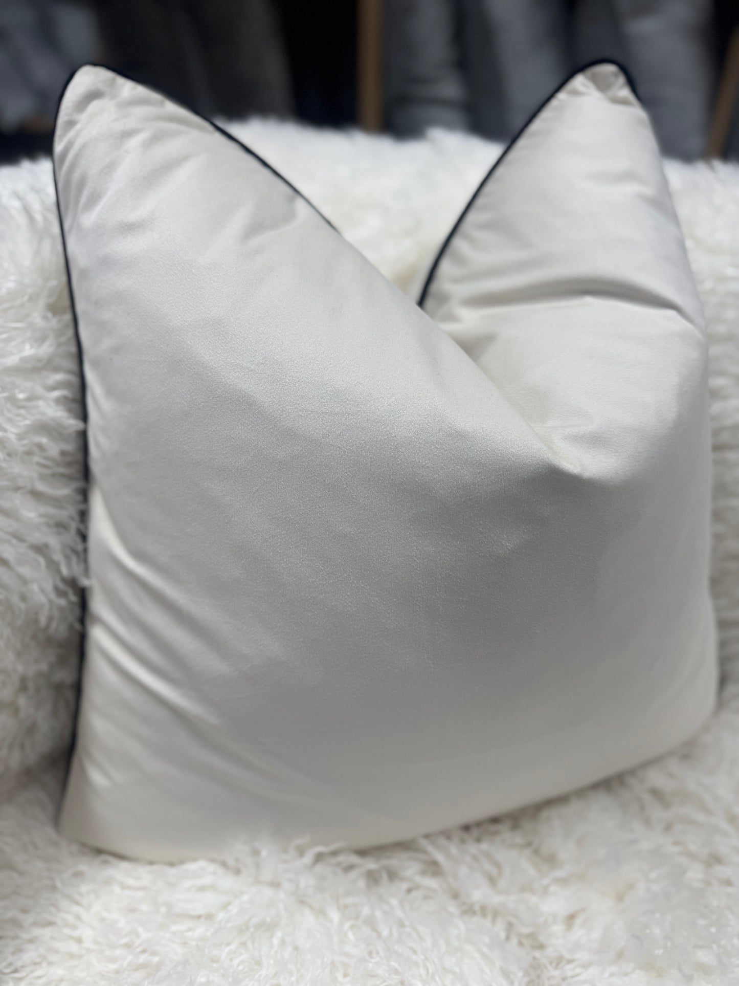 Light cream velvet cushion black pipe edge 60 x 60 cm Feather filled piped edge