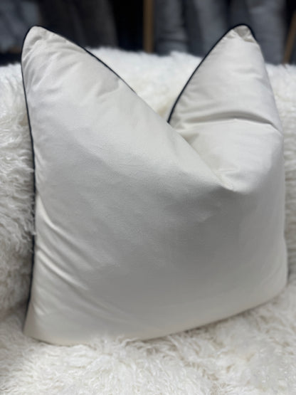 Light cream velvet cushion black pipe edge 60 x 60 cm Feather filled piped edge