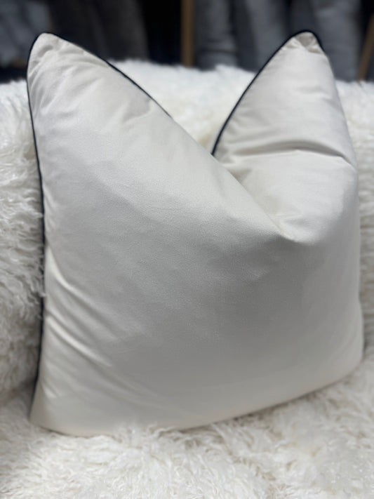 Light cream velvet cushion black pipe edge 60 x 60 cm Feather filled piped edge