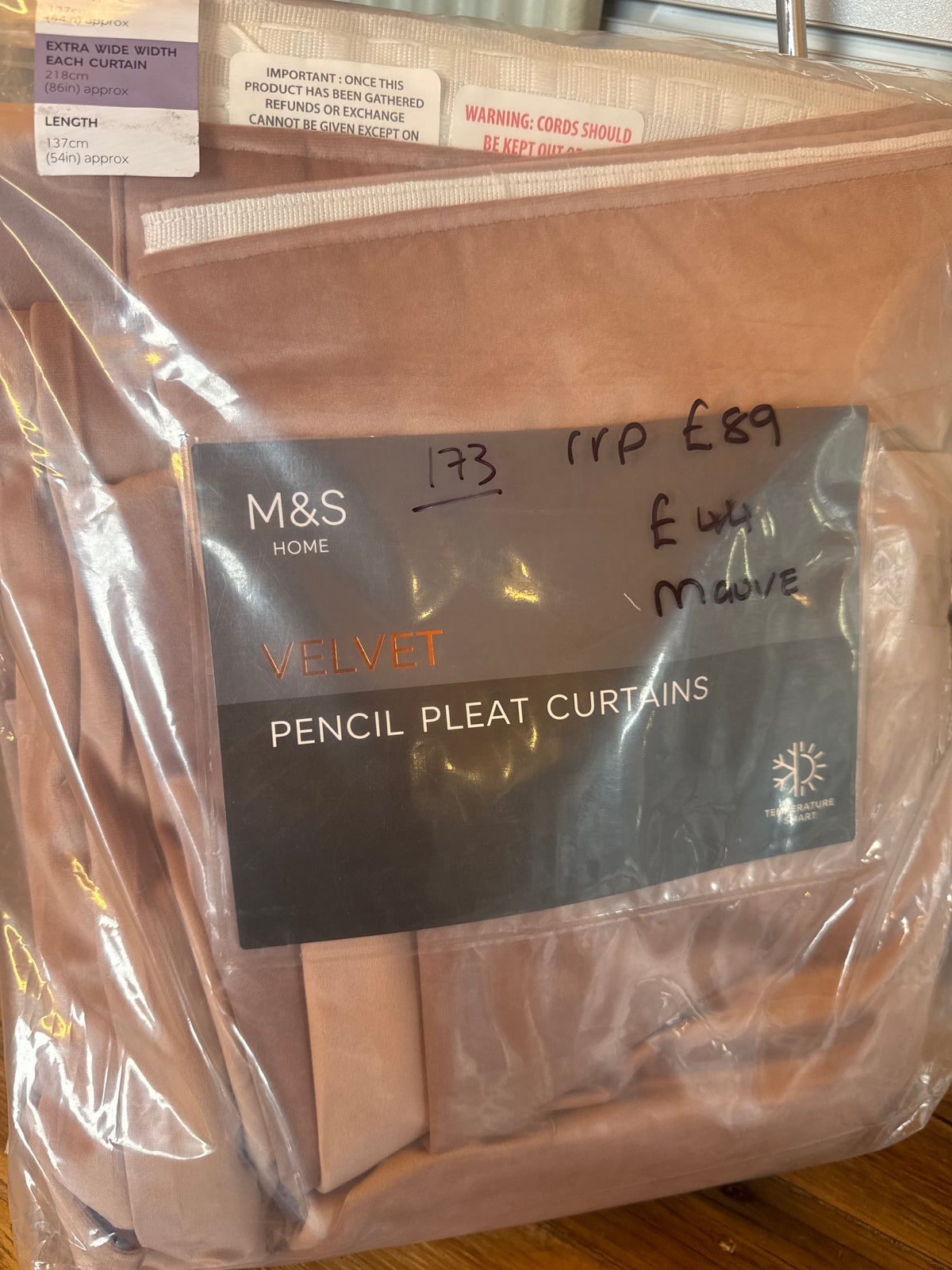 M & S Mauve Velvet Thermal pencil Curtains 86 x 54 inch