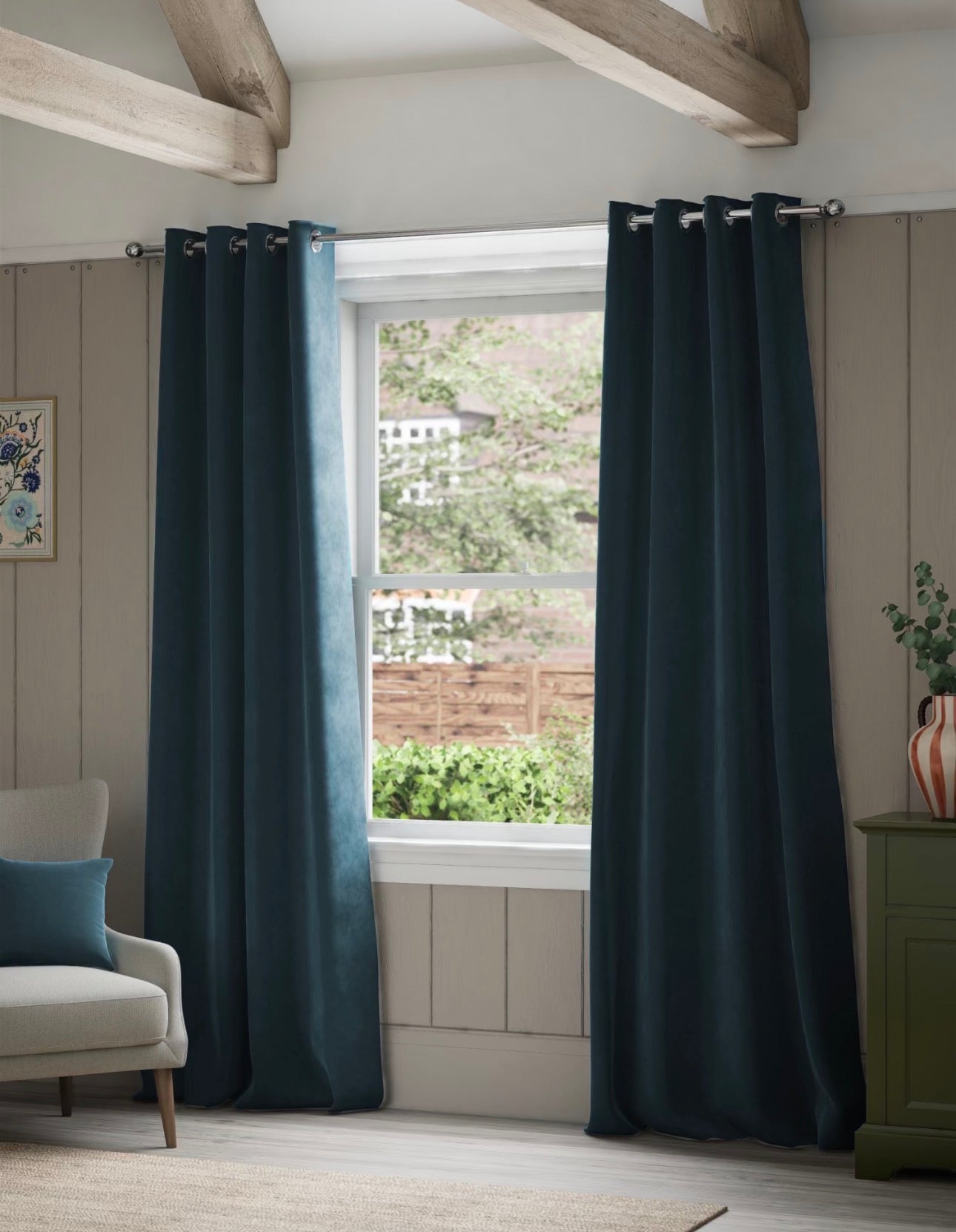 M & S Mid Blue Thermal Velvet Eyelet Curtains 46 x 54  inch