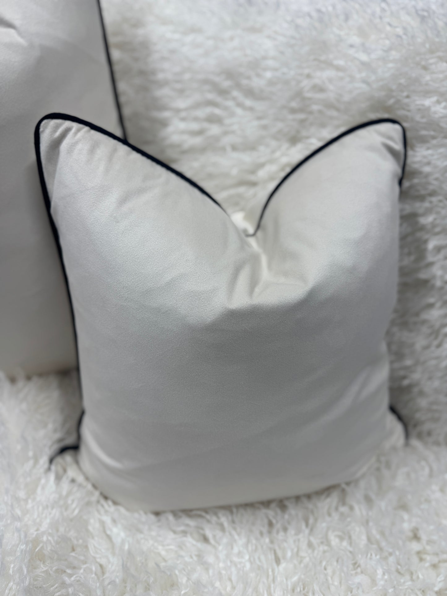Light Cream Velvet Black Pipe Edge Feather Filled Cushion 45 x 45 cm for Stylish Home Decor