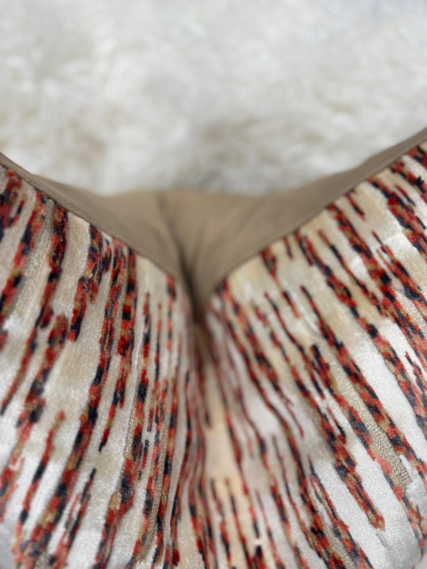 Orange and cream stripe abstract velvet cushion 58 x 58cm feather filled