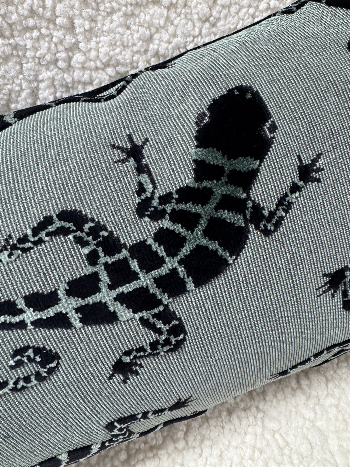 Green and black velvet lizard cushion bolster feather filled 50 cm x 30 cm