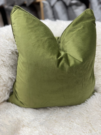 Light olive green velvet cushion feather filled 60 x 60 cm