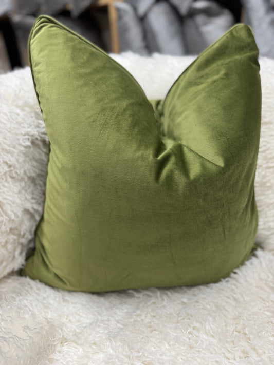 Light olive green velvet cushion feather filled 60 x 60 cm