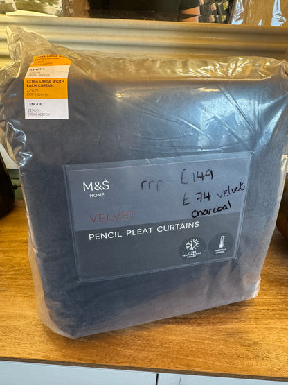 Marks and Spencer Charcoal velvet ultra Smart Temperature Blackout Brushed Pencil Pleat Curtains 90x 90 inch