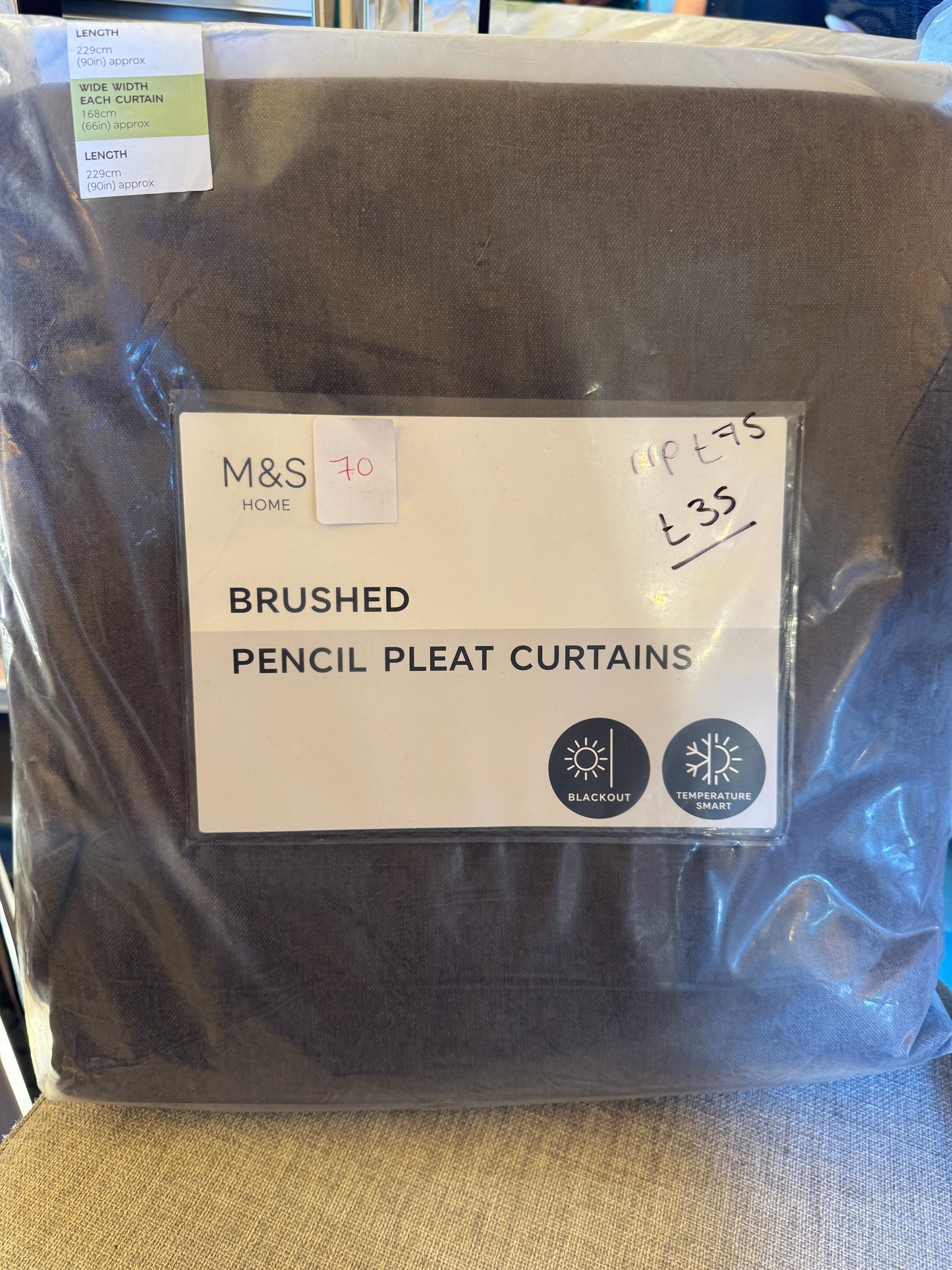 M & S Chocolate Brown Smart Temperature Blackout Brushed Pencil Pleat curtains 66 x 90 inch