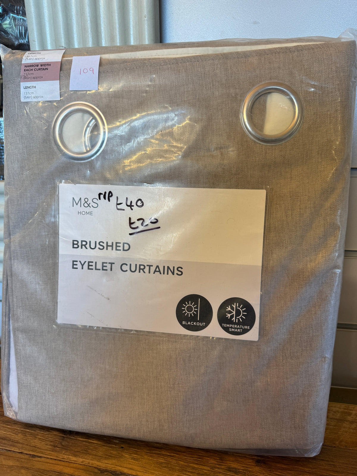 Marks and Spencer neutral beige Smart Temperature Blackout Brushed Eyelet curtains  46 x 54 inch
