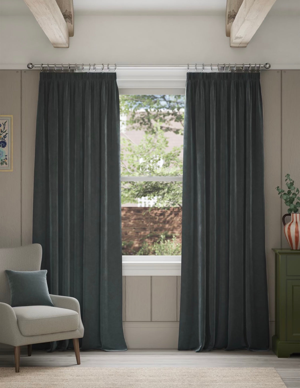 Marks and Spencer mid grey velvet Smart Temperature Blackout Brushed Pencil Pleat Curtains 86 x 90  inch