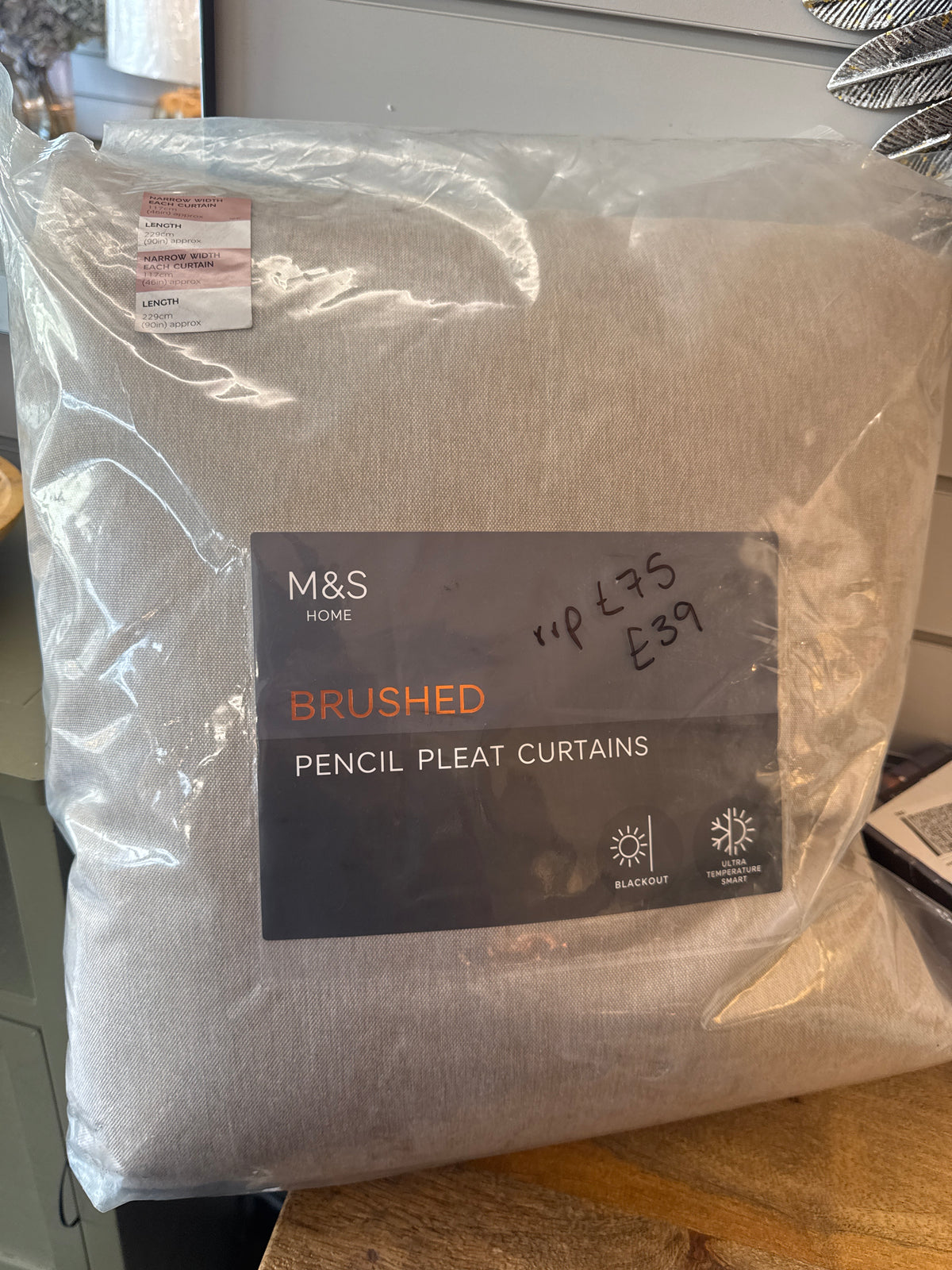 Marks and Spencer  neutral beige ultra  Smart Temperature Blackout Brushed Pencil Pleat curtains 46 x 90 inch