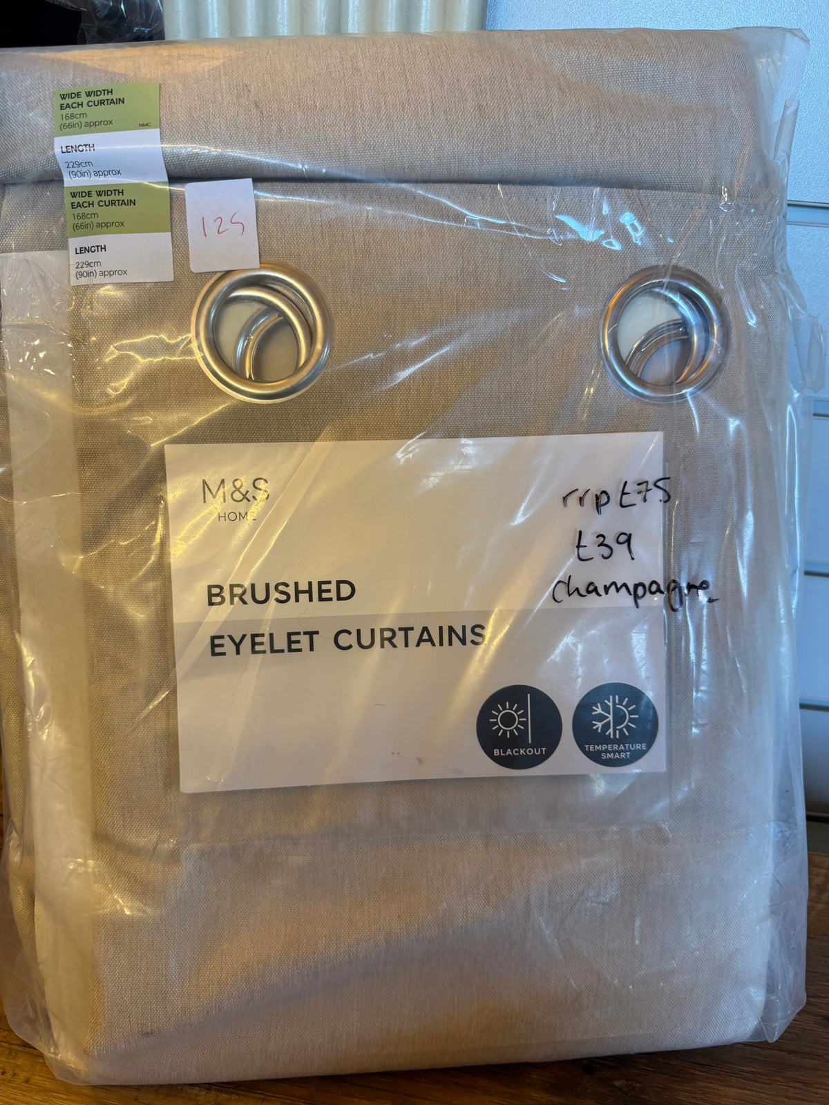 Marks and Spencer champagne beige Smart Temperature Blackout Brushed Eyelet curtains  66 x 99 inch