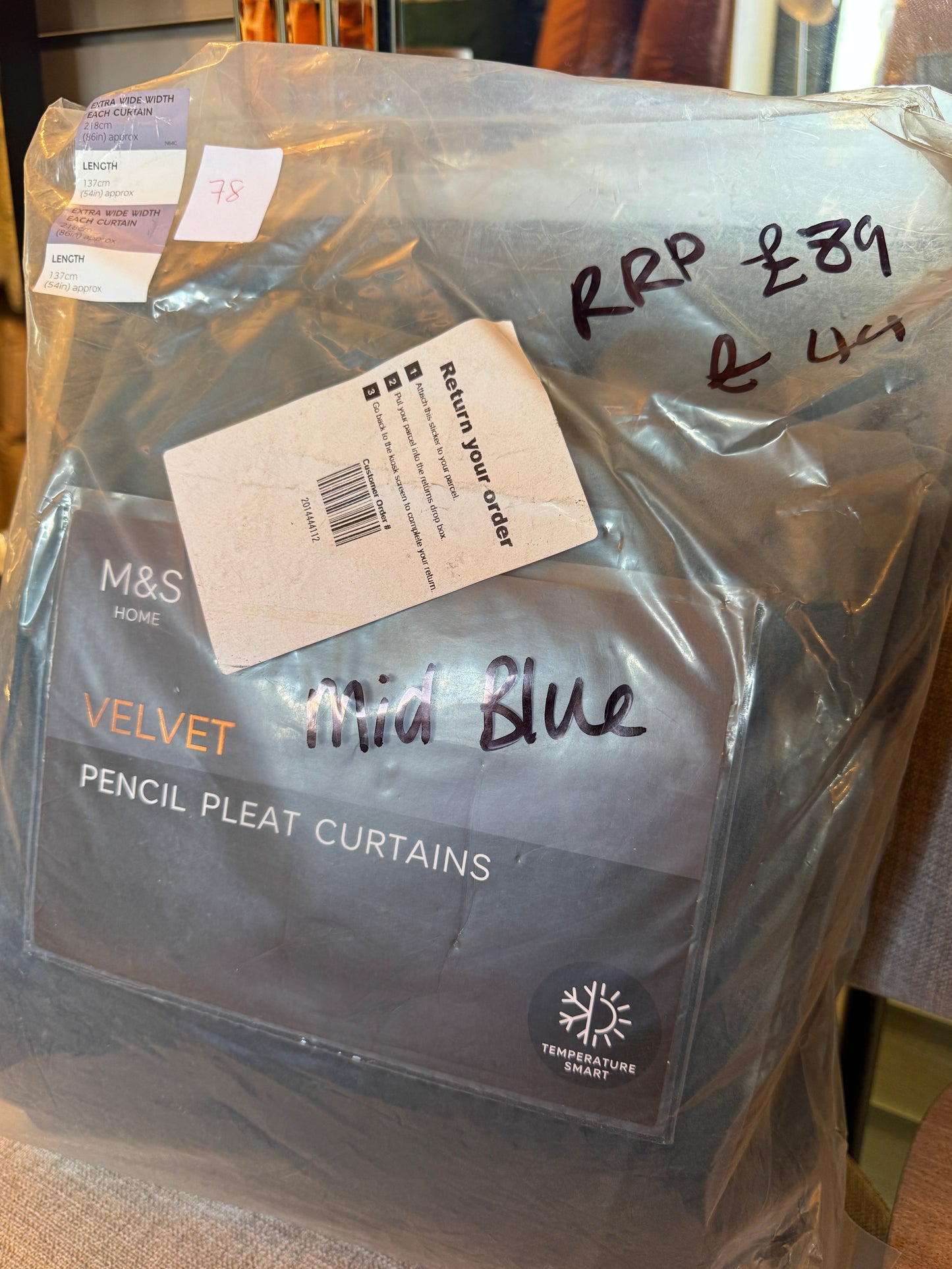 M & S Mid Blue Smart Temperature Velvet Pencil Pleat Curtains 86 x 54 inch