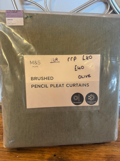 M & S Olive Green Brushed Fabric Pencil Pleat Black Out Curtains 86x 54 in