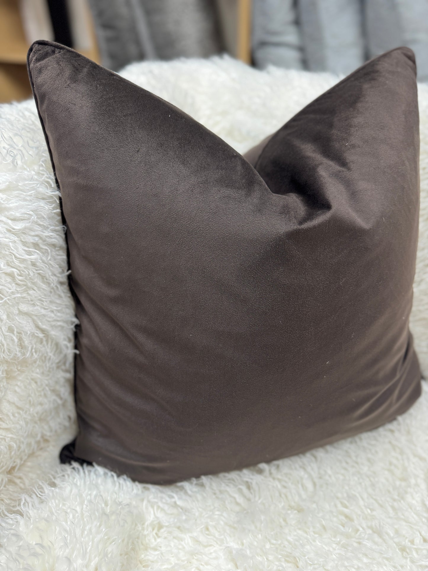 Chocolate brown velvet cushion 60 cm x 60cm piped edge feather filled stunning luxury