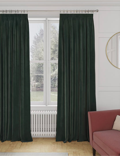 M & S Forest Green Velvet Thermal Pencil Pleat curtains 66 x 90 inch