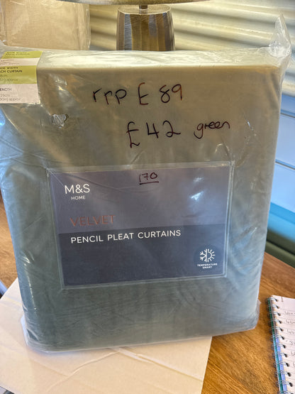 M & S Green Velvet Thermal Pencil Pleat Curtains 66 x90 inch