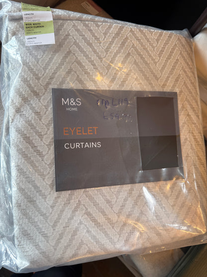 M & S Natural/Grey Herringbone Textured Eyelet Curtains Natural/Grey 66 x 72 inch