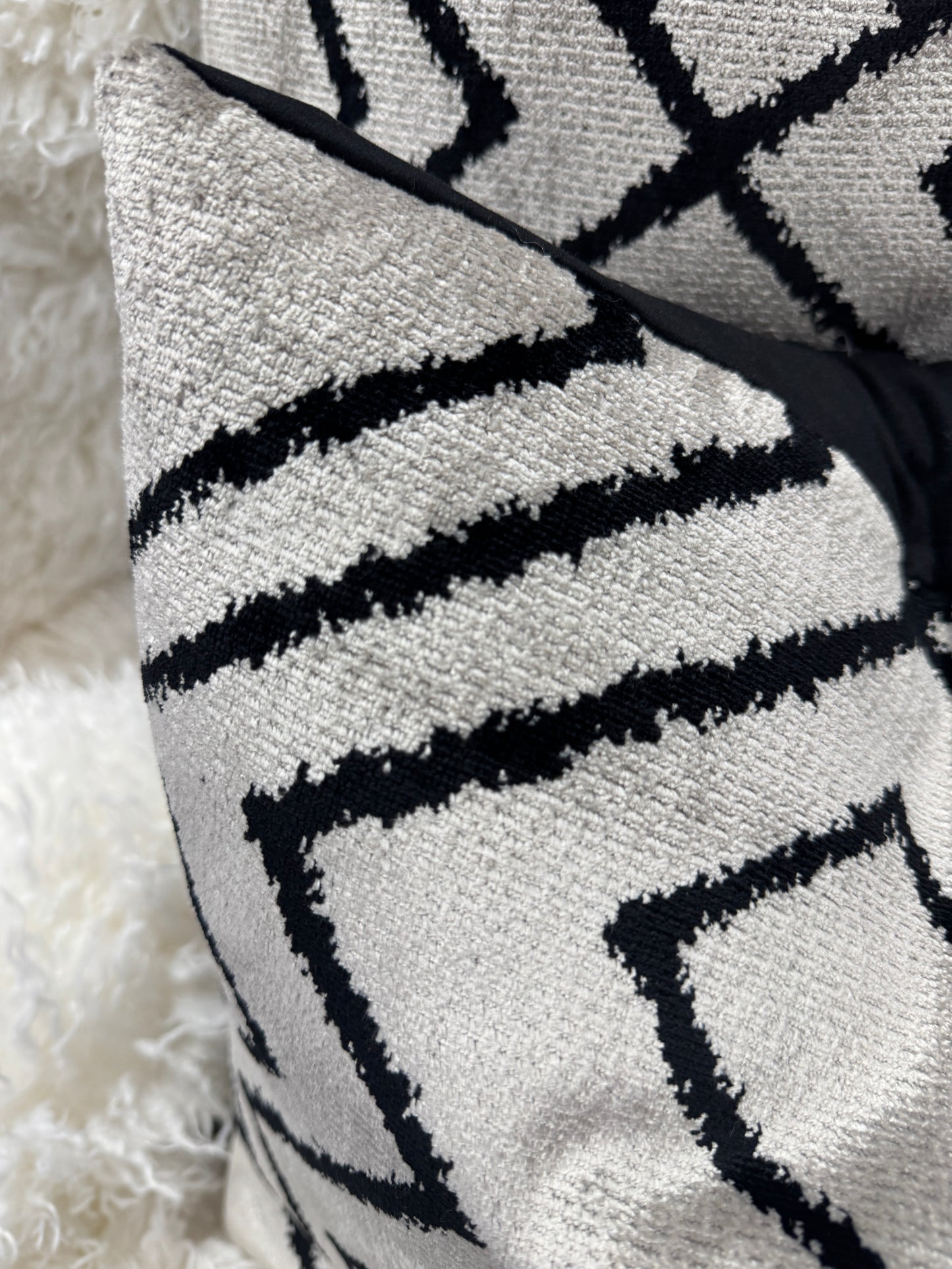 Grey and black Aztec pattern velvet feather filled cushions 60 x 60cm