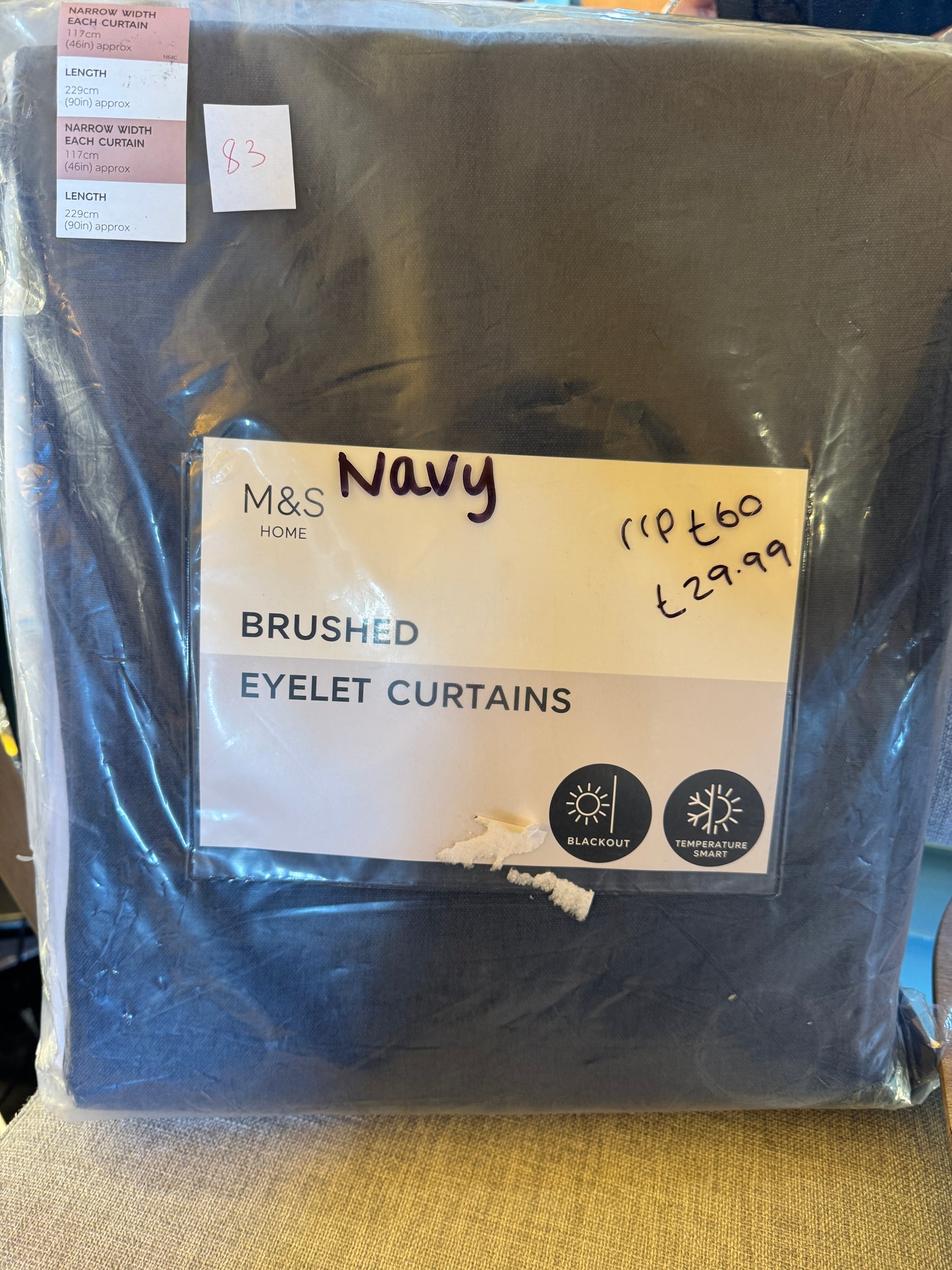 M & S Navy Blue Smart Temperature Blackout Brushed Eyelet curtains 46 x 90 inch