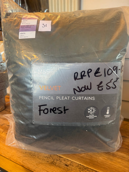 M & S Forest Green Velvet Thermal Pencil Pleat curtains 86x90inch