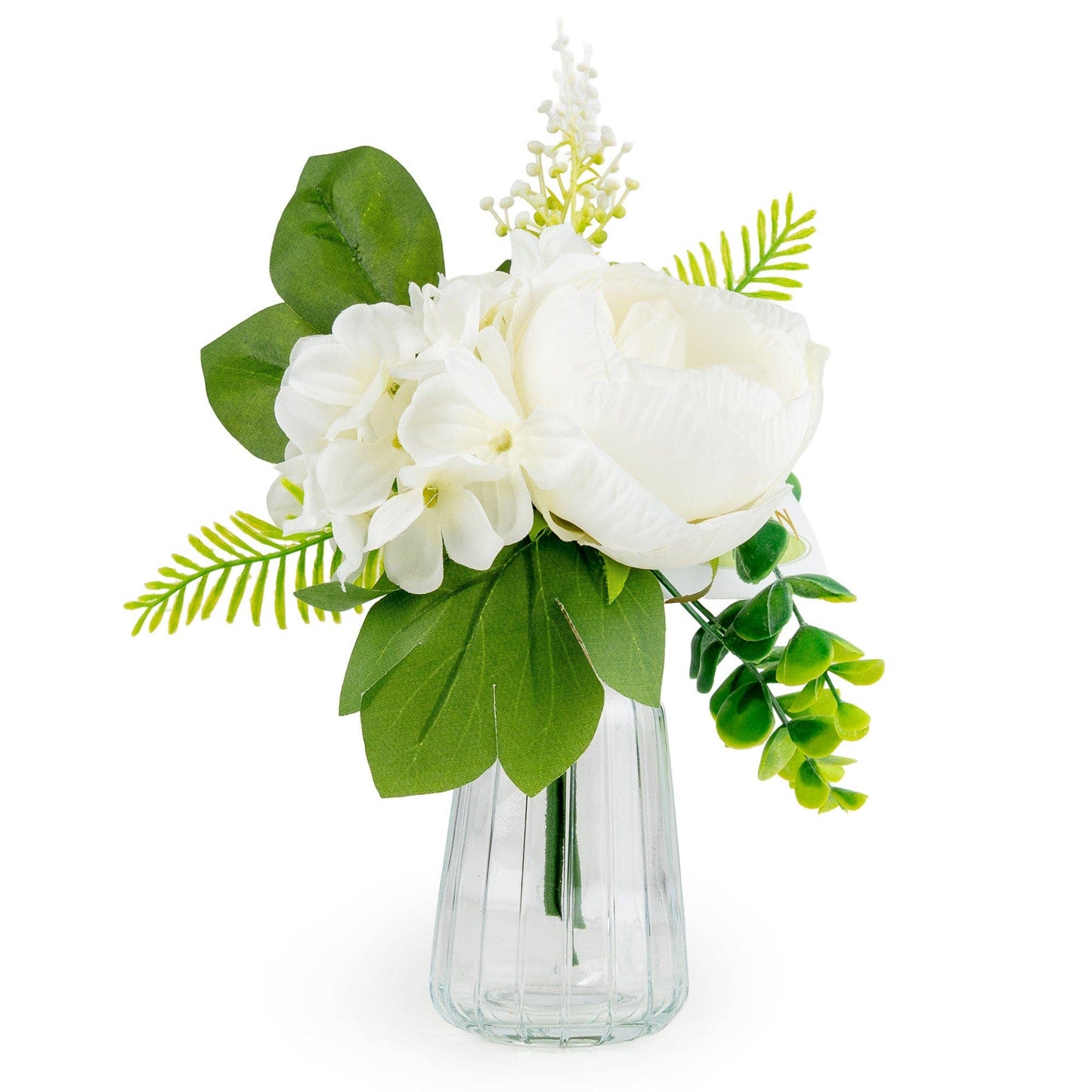 25cm White Roses in Glass Vase 6pk