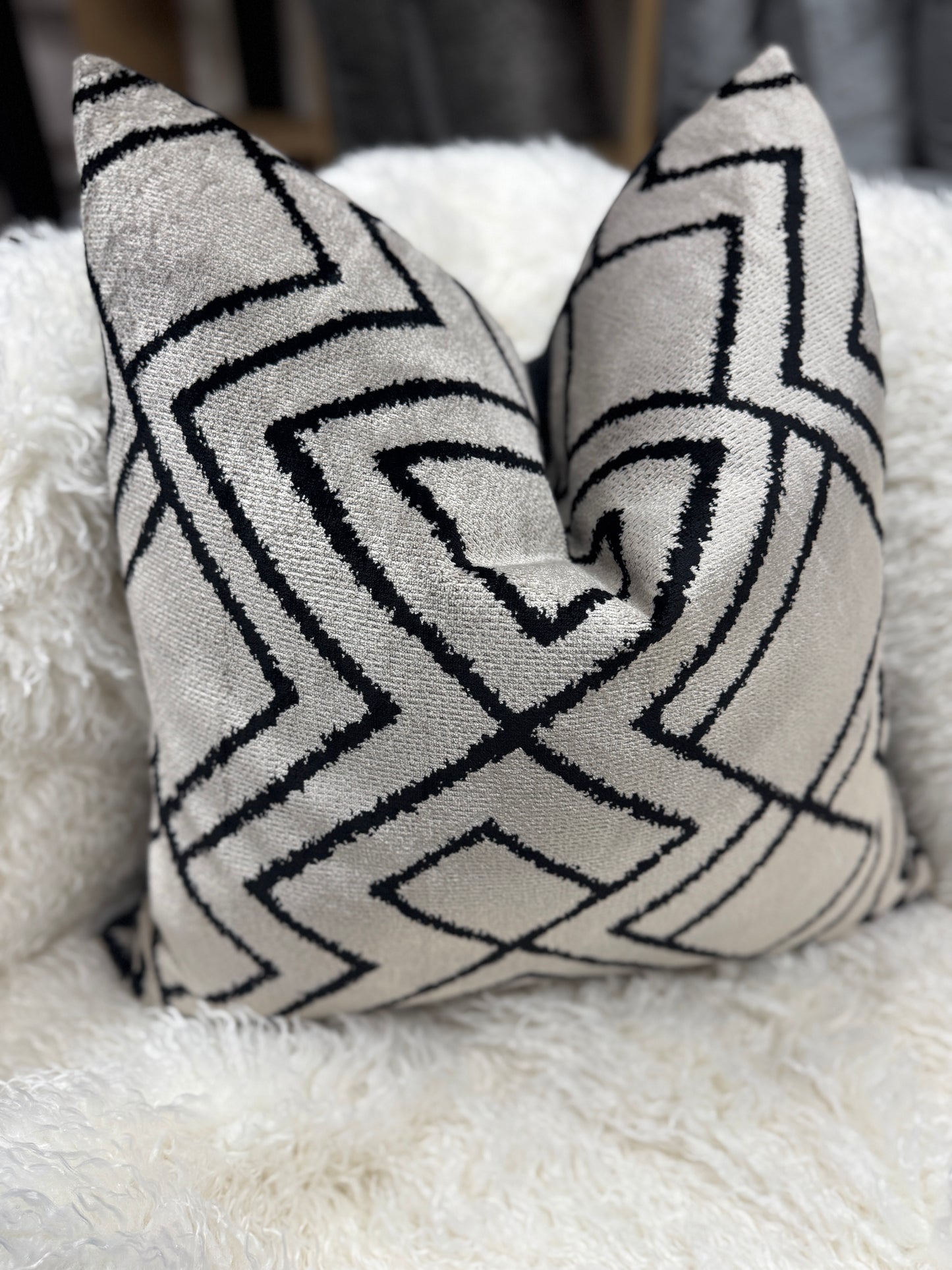 Grey and black Aztec pattern velvet feather filled cushions 60 x 60cm