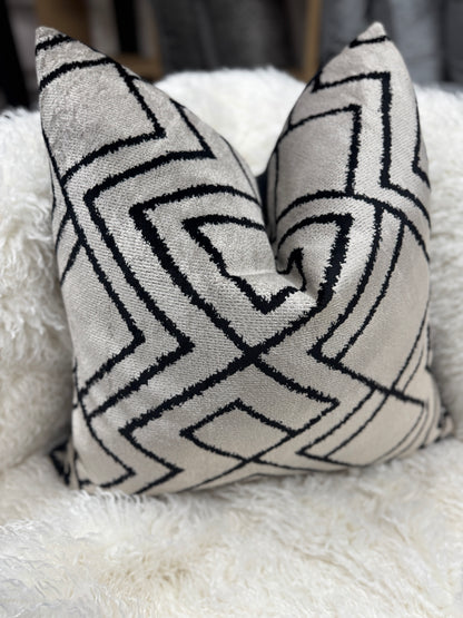Grey and black Aztec pattern velvet feather filled cushions 60 x 60cm