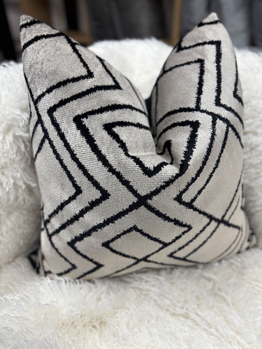 Grey and black Aztec pattern velvet feather filled cushions 60 x 60cm