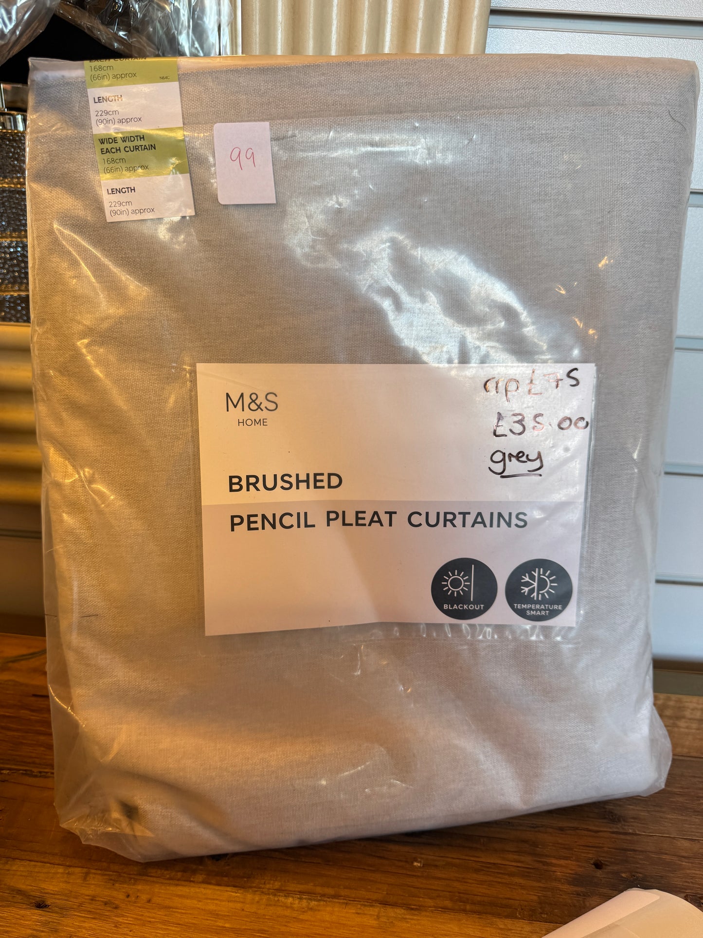 M & S Grey Smart Temperature Blackout Brushed Pencil Pleat curtains 86 x 90  inch