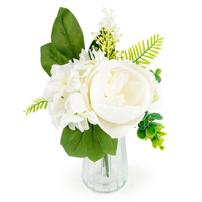 25cm White Roses in Glass Vase 6pk