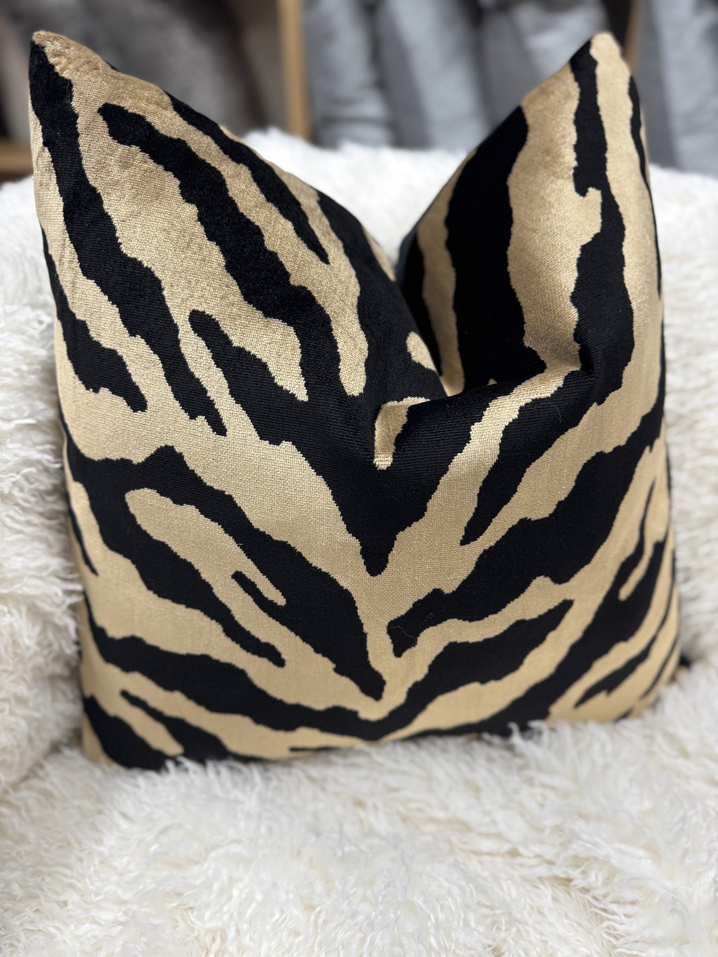 Taupe and black safari print velvet cushion 60 x 60cm feather filled
