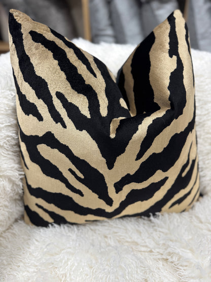 Taupe and black safari print velvet cushion 60 x 60cm feather filled