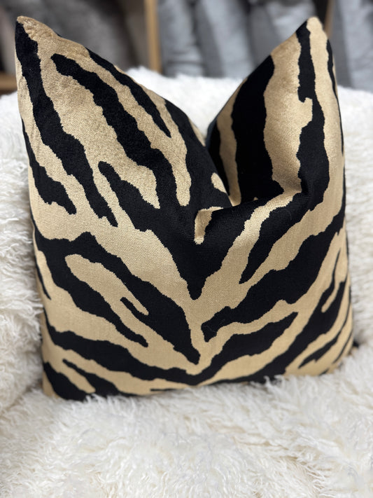 Taupe and black safari print velvet cushion 60 x 60cm feather filled