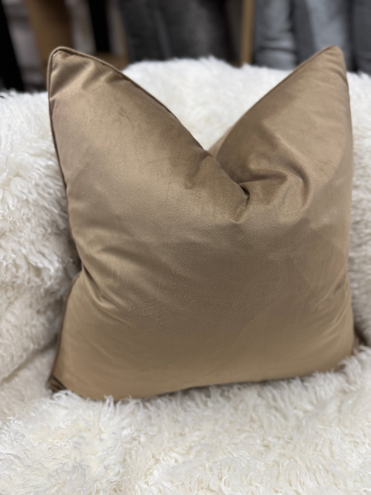 Latte Velvet Cushion Feather Filled Pipe Edge 60 x 60 cm Luxury Pillow for Home Decor