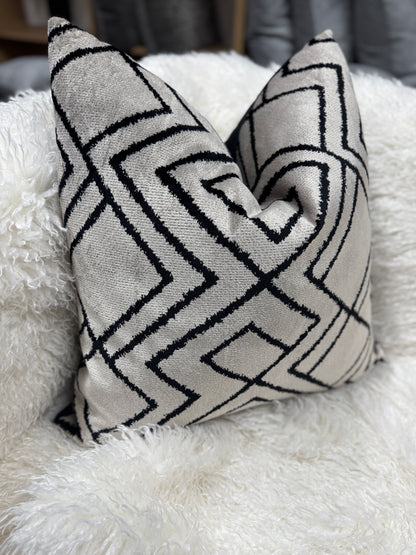 Grey and black Aztec pattern velvet feather filled cushions 60 x 60cm