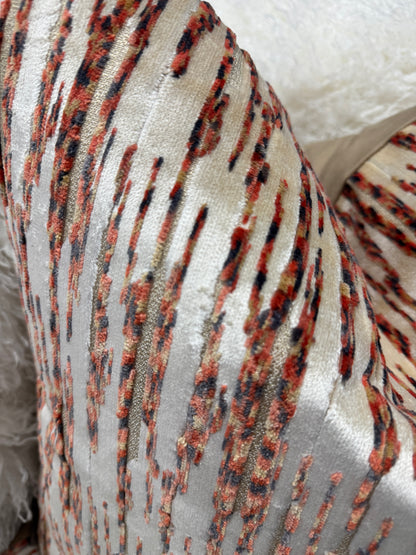 Orange and cream stripe abstract velvet cushion 58 x 58cm feather filled