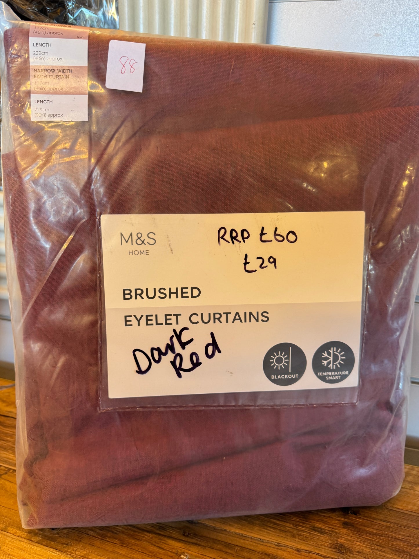 M & S Dark Red Smart Temperature Blackout Brushed Eyelet curtains 46 x 90 inch