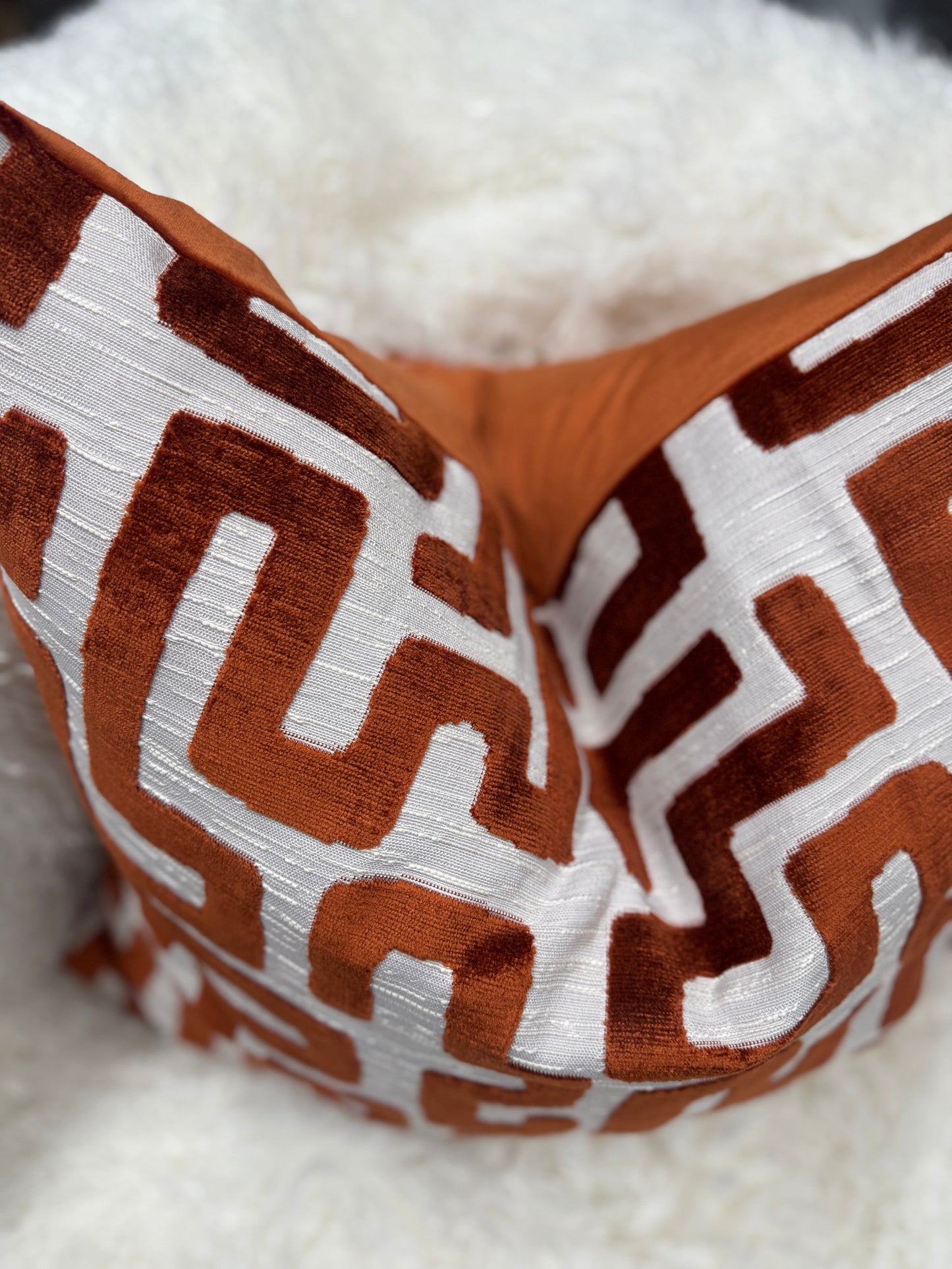 Burnt orange maze velvet cushion feather filled 60 x 60cm