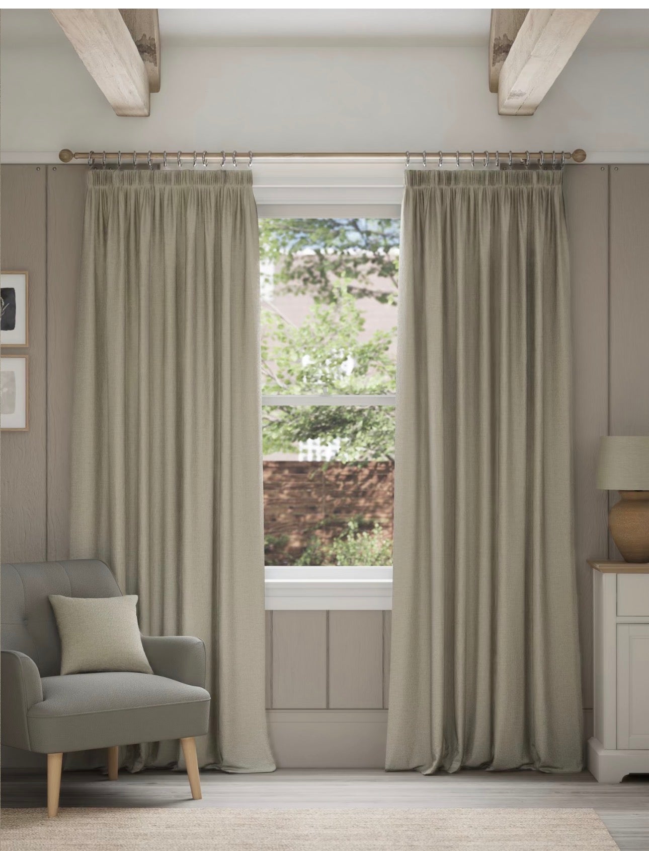 Marks and Spencer  neutral beige ultra  Smart Temperature Blackout Brushed Pencil Pleat curtains 66 x 54 inch