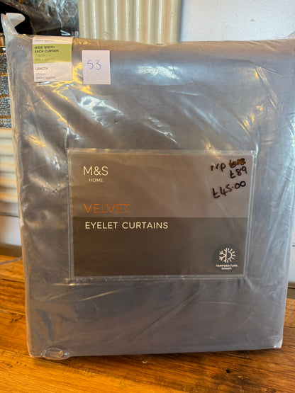 M & S Slate Blue Thermal Velvet Eyelet Curtains 66 x 90 inch