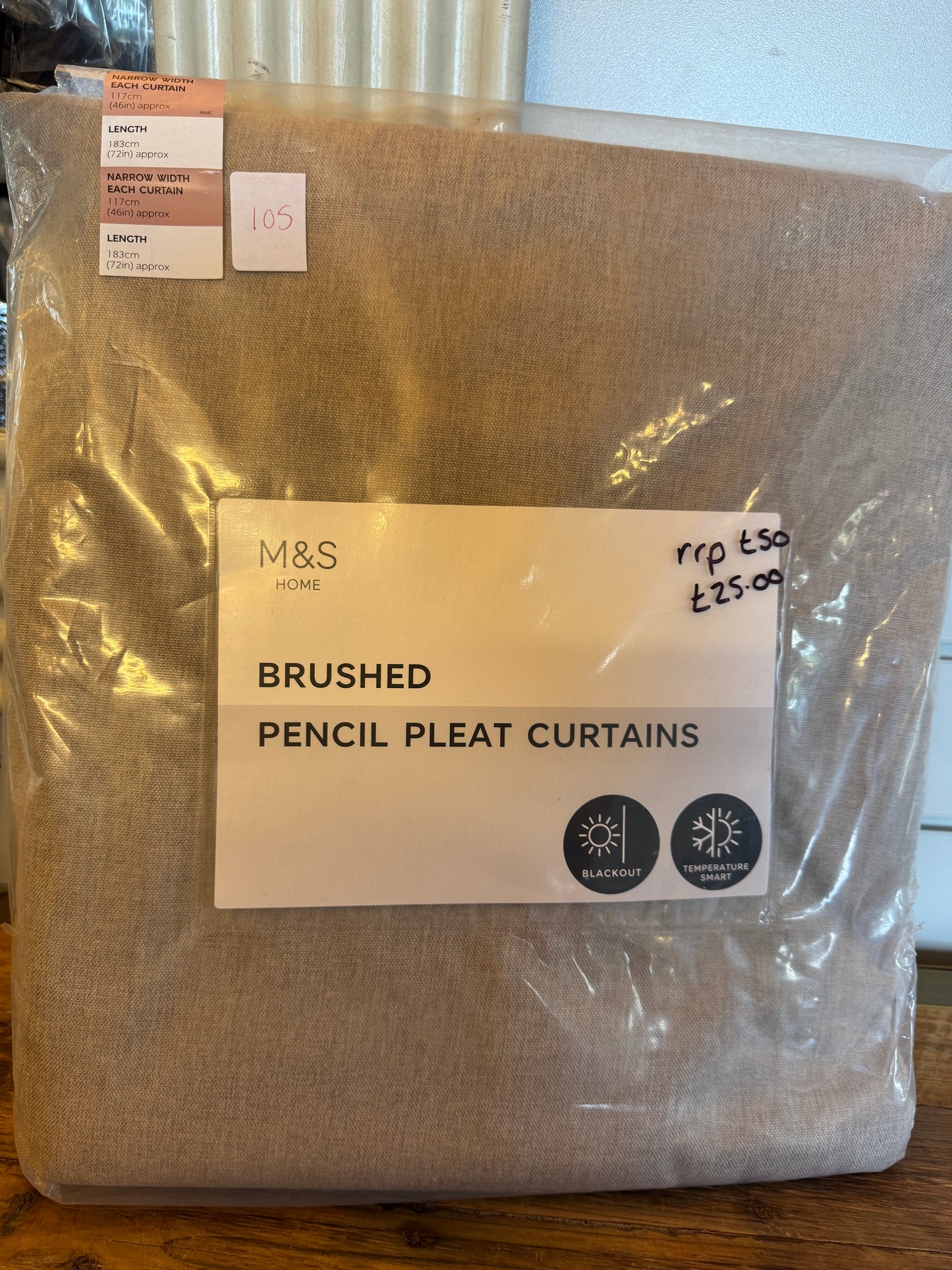 Marks and Spencer  neutral beige  Smart Temperature Blackout Brushed Pencil Pleat curtains 46 x 72 inch
