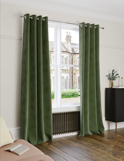 M & S Green Velvet Thermal Eyelet Ring Top Curtains  66 x72 inch